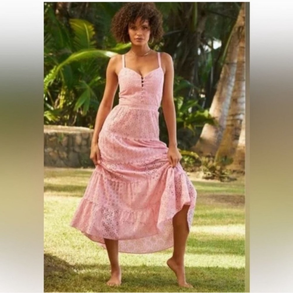 NWOT Boston Proper Pink Eyelet Lace Tiered Bohemian Maxi Dress Size 8